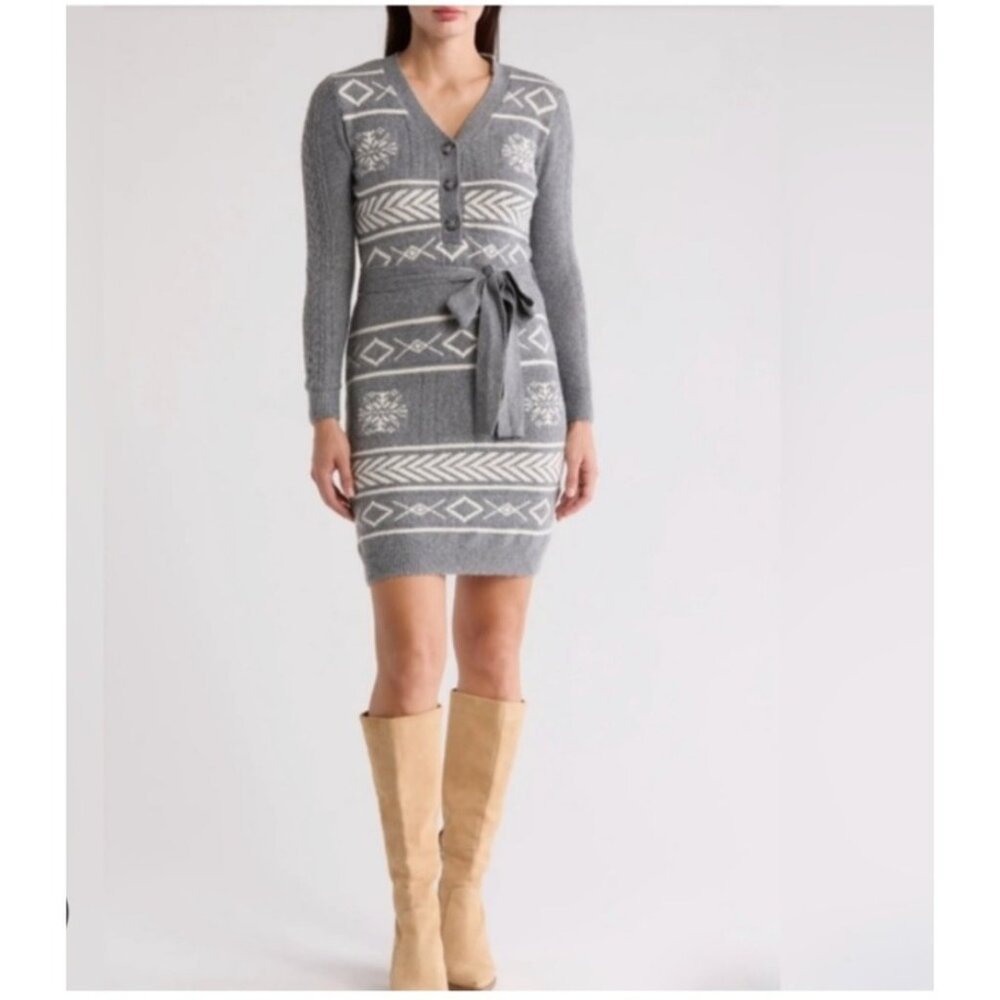 Lucky Brand Gray/White Belted Sweater Dress Nordic Pattern Size 1X